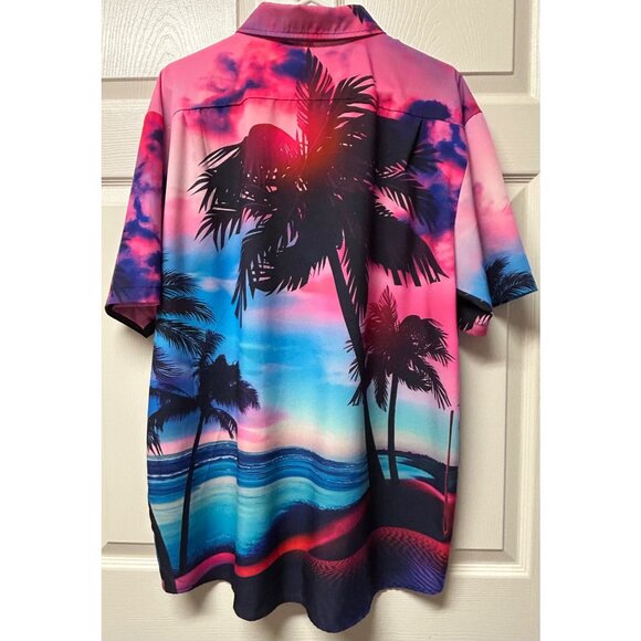 Men's L Tropical Sunset Button-Up Shirt Palm Tree Beach Vacation Summer Sunset - Picture 2 of 6